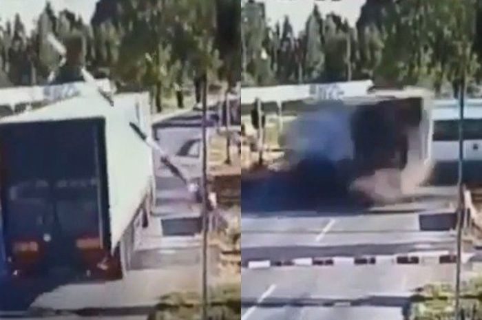detik-detik truk kontainer ditabrak kereta 