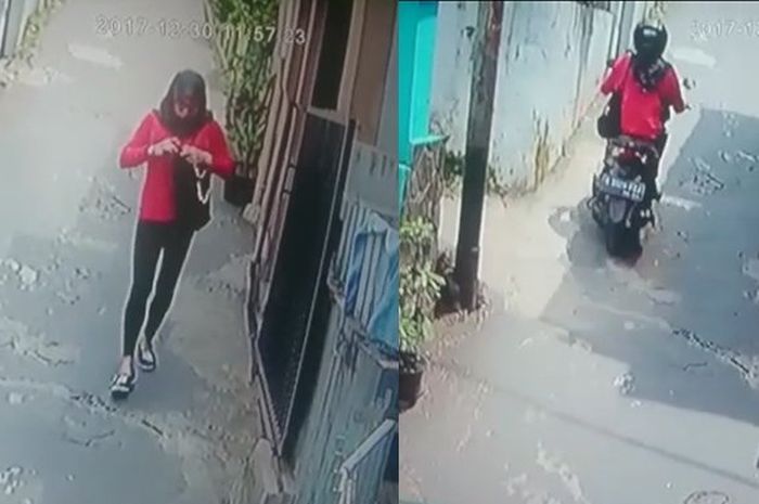 Tersangka maling motor menyamar jadi perempuan berhijan terekam  kamera CCTV saat beraksi