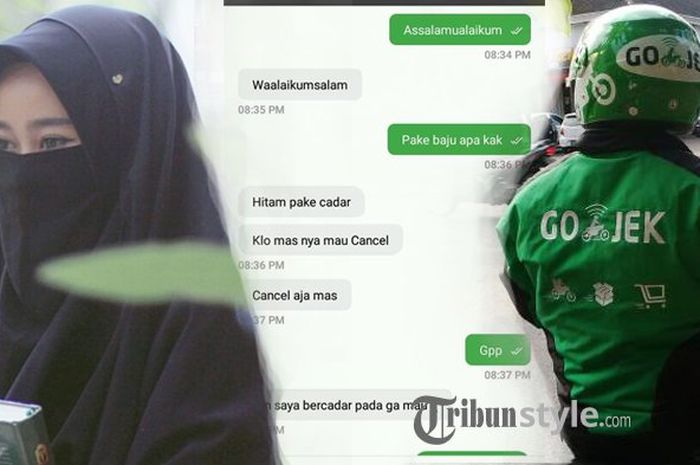 ilustrasi chat driver ojek online dan wanita bercadar