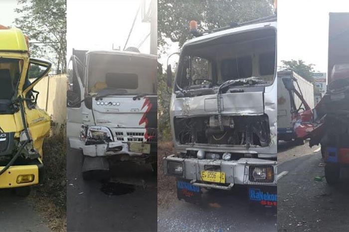 Empat truk yang terlibat kecelakaan maut di Mojokerto, Jumat (8/6/2018)