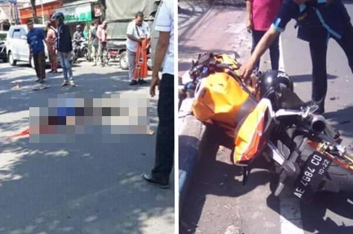 Kondisi korban dan motor yang digunakan pada peristiwa kecelakaan di Madiun, Senin (9/7/2018)
