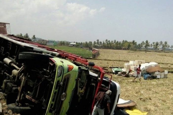 Truk carrier pengangkut mobil baru yang terguling di sawah di Kabupaten Barru, Sulsel