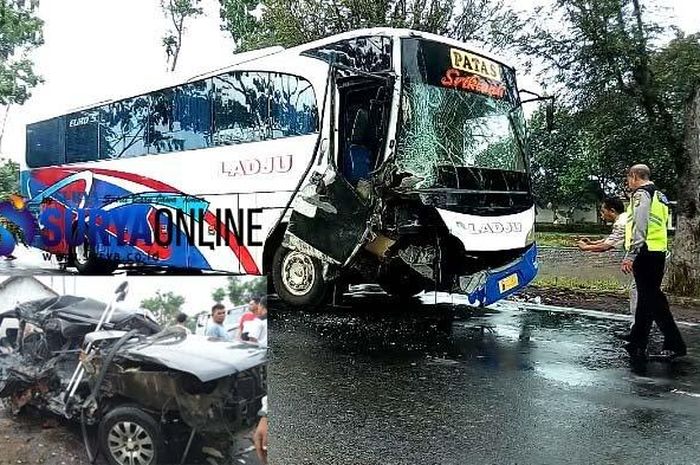 Kondisi bus dan Toyota Kijang selepas berserempetan di Jember, Jawa Timur