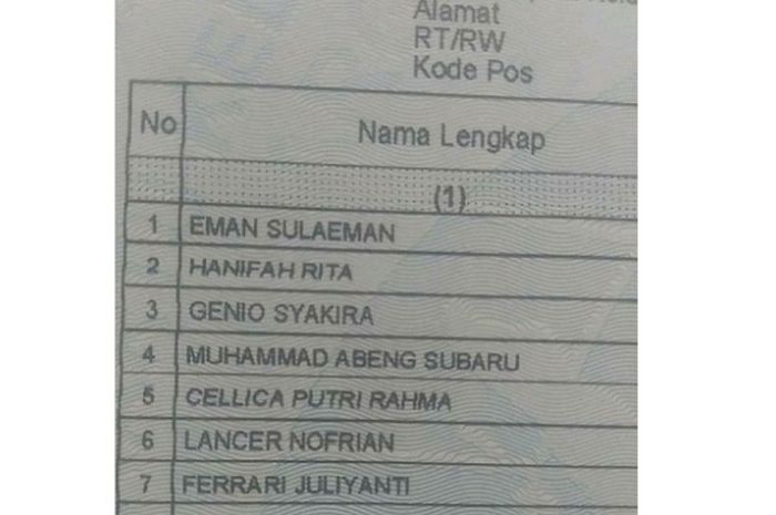 Kartu keluarga Eman Sulaiman yang memiliki anak-anak bernama mobil