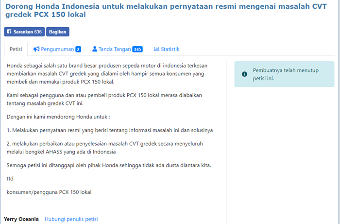 Petisi online untuk masalah gredek CVT Honda PCX 150