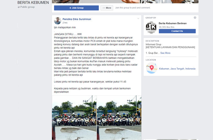 Postingan di grup FB Berita Kebumen soal PCX langgar pintu kereta