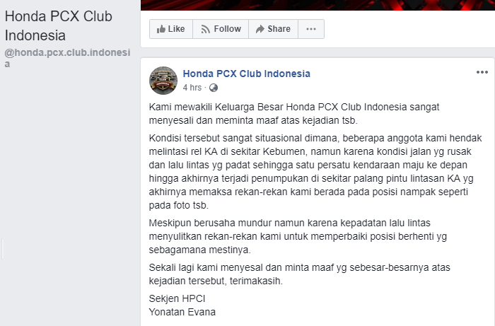 Permintaan maaf dari akun Honda PCX Club Indonesia