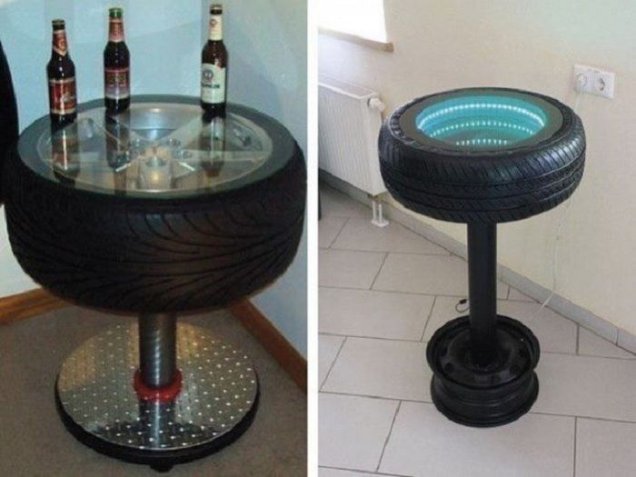 Ban mobil beserta pelek juga bisa diubah menjadi meja