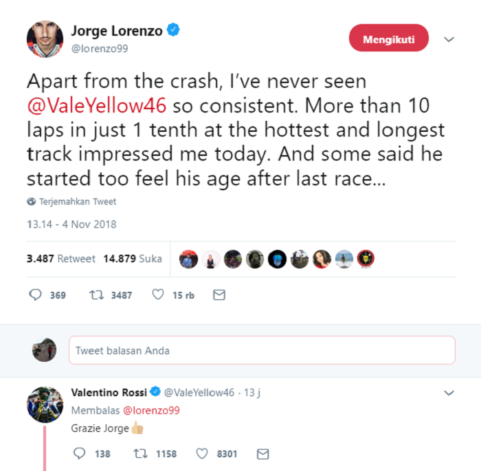 Tweet Jorge Lorenzo yang viral gara-gara Valentino Rossi