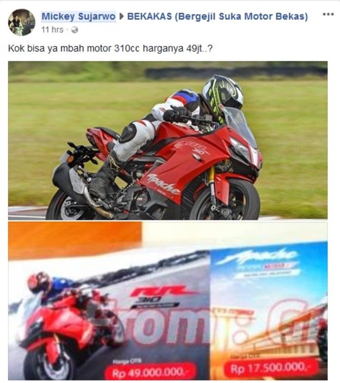 TVS 310 RR motor sport di atas 300 cc dengan harga bisa 49 juta