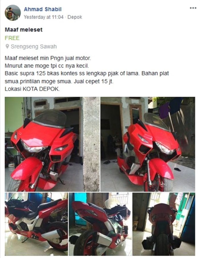 Postingan Grup FB yang menjual motor gede bermesin kecil dari Supra 125