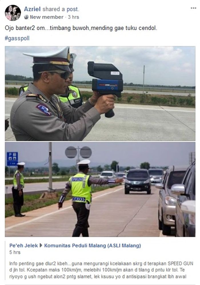 Postingan akun Azriel merepost Pe'eh Jelek soal aplikasi speed gun di jalan tol