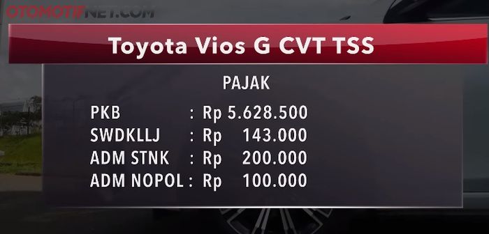 Pajak Kendaraan Bermotor mobil baru Toyota Vios G TSS CVT