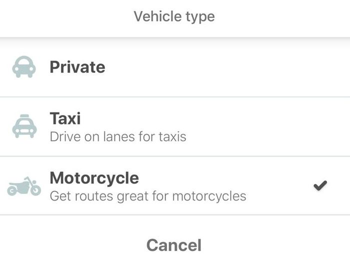 Opsi jenis kendaraan di Waze