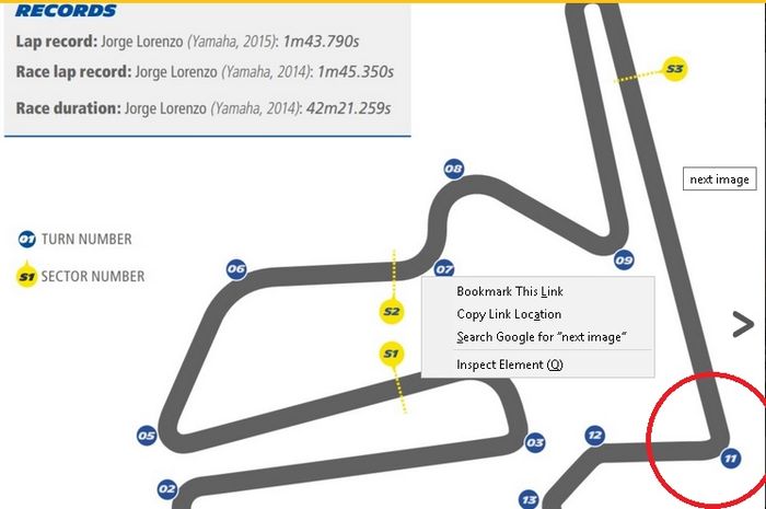 Kecepatan mendadak turun di tikungan ke-11 (lingkaran merah)