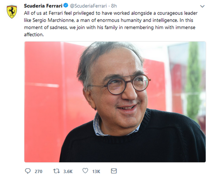Akun Twitter Ferrari menyampaikan duka cita mendalam untuk Sergio Marchionne