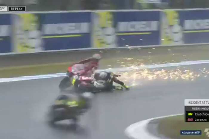 Insiden kecelakaan Jorge Lorenzo dan Cal Crutchlow dalam latihan pertama MotoGP Jepang di Motegi, Ju