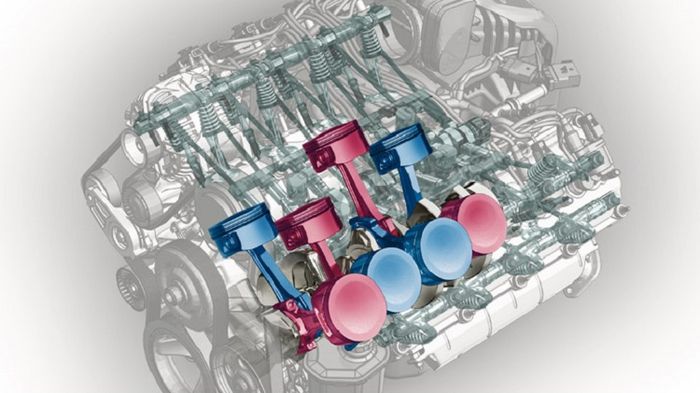 Saat idle di mesin V8 dengan teknologi VCM, 4 buah silinder (warna biru) teteap bergerak, namun tidak terjadi pembakaran maupun kompresi