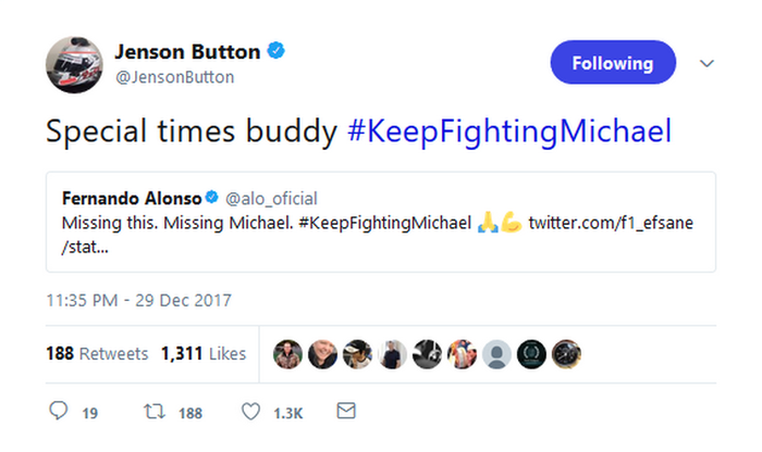 Juara dunia F1 2009 Jenson Button pasang tagar #KeepFightingMichael, tagar ini sudah dikampanyekan sejak Michael Schumacher cedera bermain ski, pernah dipasang pada mobil pembalap F1