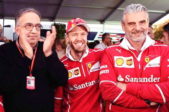 Presiden Ferrari Sergio Marchionne (kiri), Sebastian Vettel dan bos tim Ferrari Maurizio Arrivabene