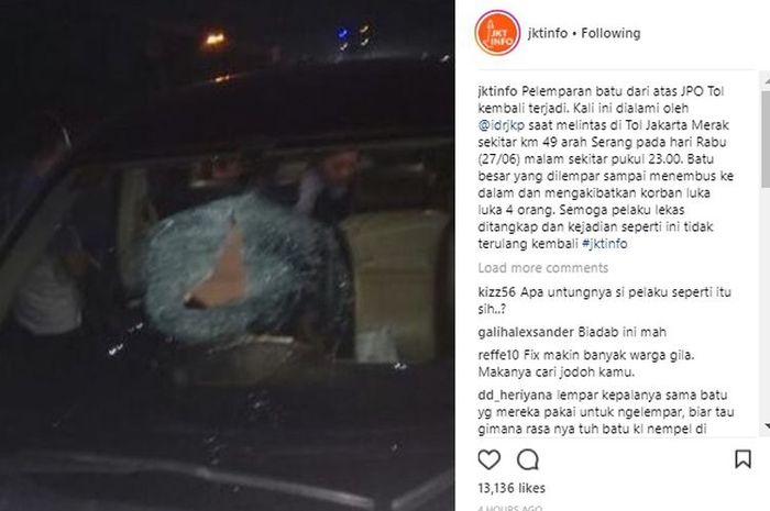 Pelemparan batu di jalan tol kembali terjadi. Kali ini di tol Jakarta-Merak km 49, Rabu (27/6/2018) 