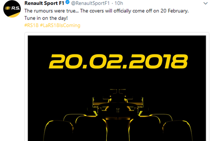 Renault resmi umumkan tanggal peluncuran mobil F1 untuk musim 2018