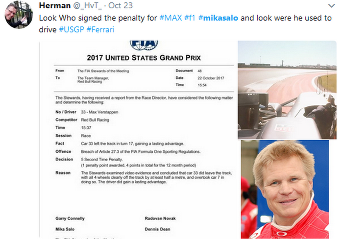 Banyak postingan di media sosial yang menuding Mika Salo sebagai biang kerok atas gagalnya Max Verstappen naik podium di F1 Amerika