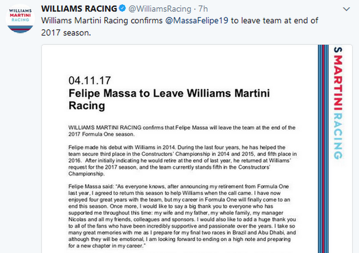 Tim Williams pengumumkan Felipe Massa akan berpisah di akhir musim 2017 ini