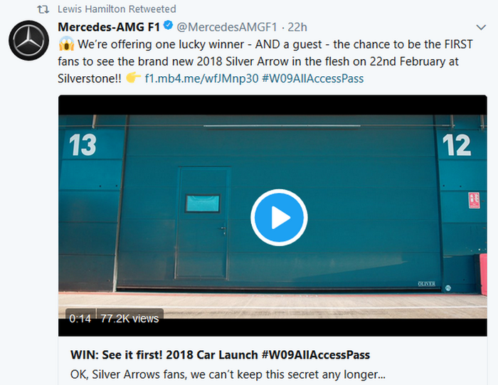 Postingan pertama Lewis Hamilton di akun Twitternya yang memberitahukan waktu peluncuran mobil F1 Mercedes untuk 2018