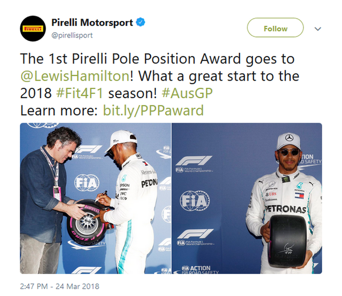 Pirelli Pole Position Award yang pertama ini jatuh ke tangan Lewis Hamilton