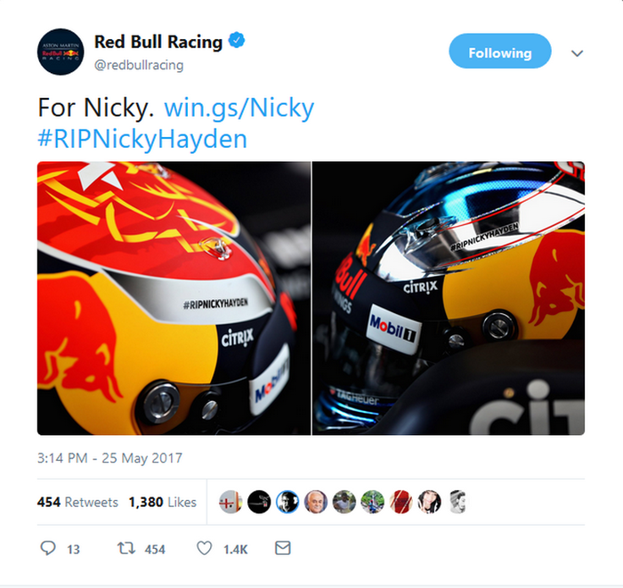 Postingan akun Twitter tim Red Bull menjelang GP F1 Monako, tiga hari setelah Nicky Hayden meninggal