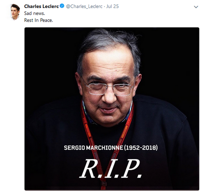 Postingan Charles Leclerc di Twitter ketika mantan bos Ferrari Sergio Marchionne meninggal dunia