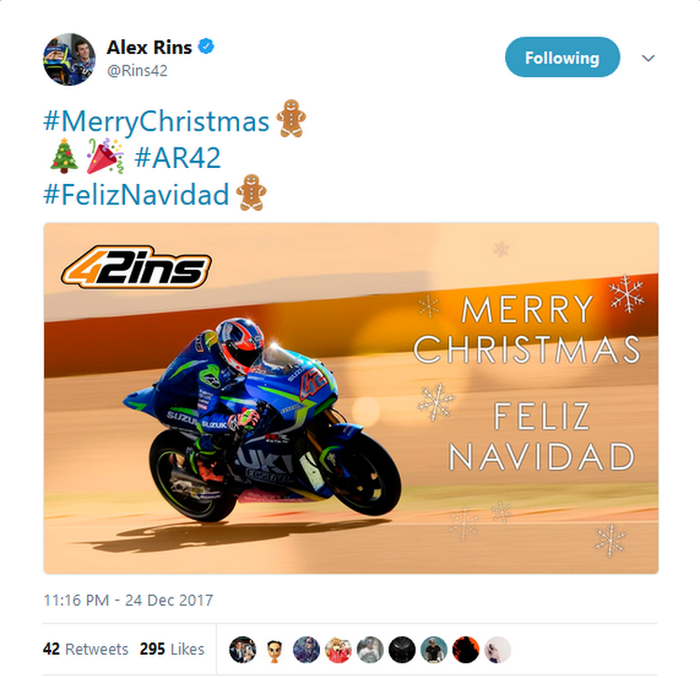 Pembalap Suzuki Alex Rins membuat ucapan selamat Hari Natal di akun Twitter @Rin242
