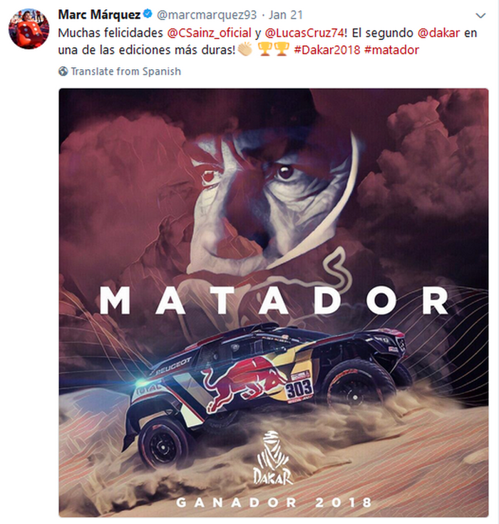 Ini ucapan dari juara dunia MotoGP empat kali Marc Marquez untuk juara Reli Dakar 2018 Carlos Sainz