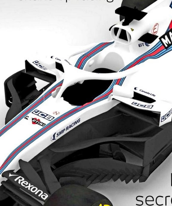 Halo yang berwarna putih di atas kokpit, bagian kiri bawah memperlihatkan suspensi depan dan barge board di bawah idung mobil Williams FW41 yang berwarna hitam dop