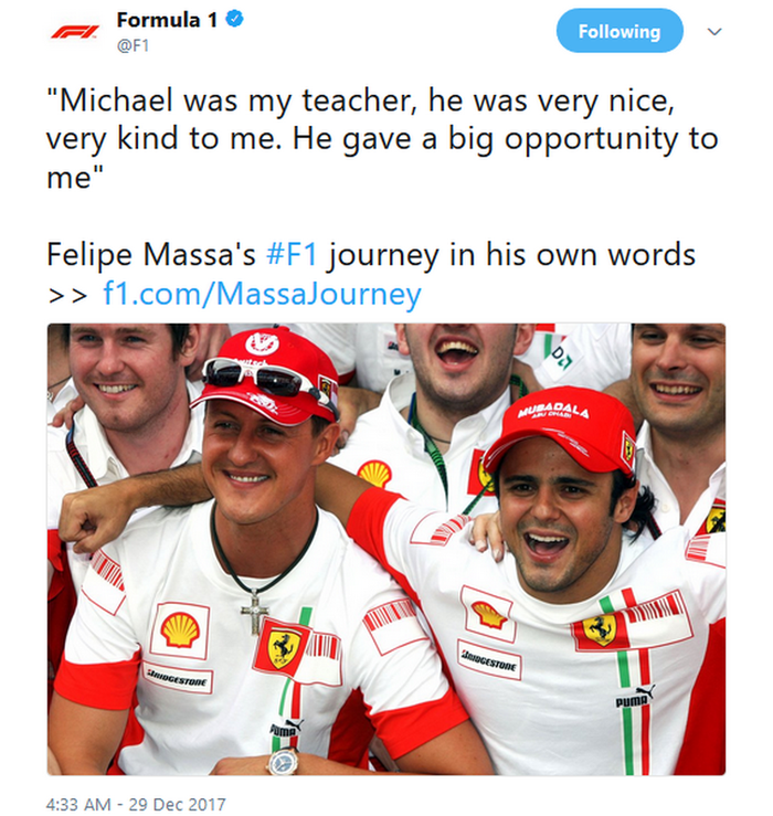 Felipe Massa yang baru saja memutuskan pensiun, menyebut Michael Schumacher sebagai gurunya