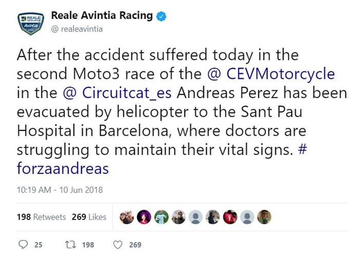 Tim Reale Avintia Racing menginformasikan kondisi Andreas Perez melalui akun Twitter mereka
