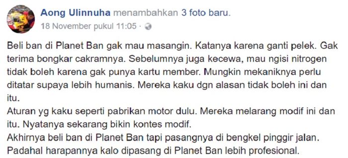 Status yang diunggah konsumen yang merasa kecewa dengan pelayanan outlet