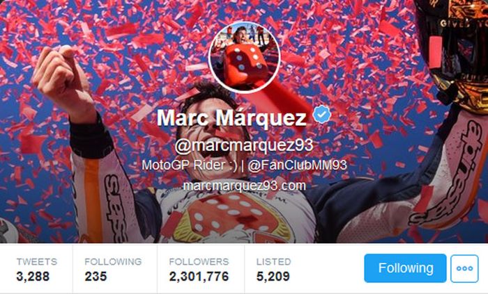 Juara dunia MotoGP 2017 akun Twitter @marcmarquez93 diikuti lebih dari 2,3 juta follower