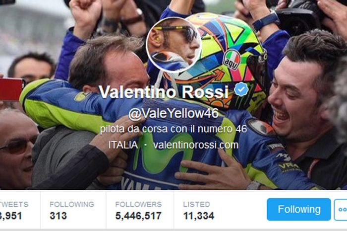 Twitter @valeyellow46 milik Valentino Rossi pengikutnya lebih dari 5,4 juta follower