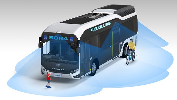 Bus Toyota Sora dengan 8 kamera di dalam dan luar bodi untuk mendeteksi pejalan kaki dan pengguna sepeda
