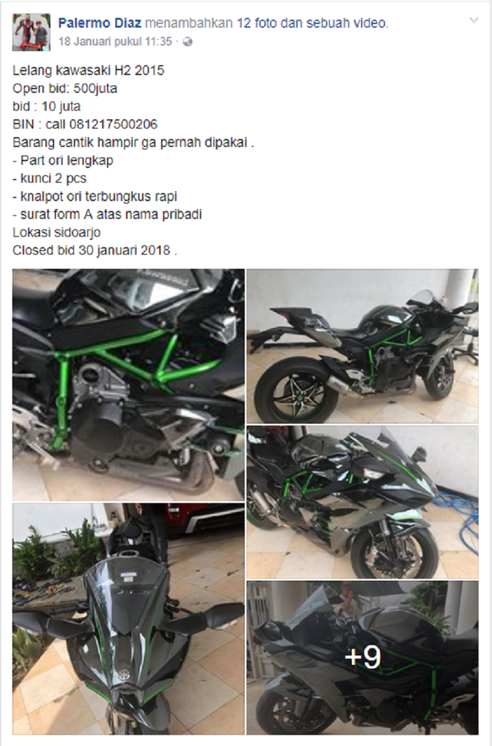 Caption sekaligus beberapa foto yang diunggah Palermo Diaz tentang spek Ninja H2 yang dilelang