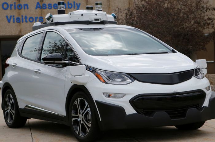 A Chevrolet Bolt EV test pilot autonomous vehicle is seen outside GM's Orion Assembly plant in Orion