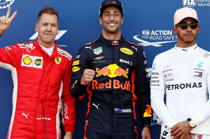 Sebastian Vettel, Daniel Ricciardo, dan Lewis Hamilton