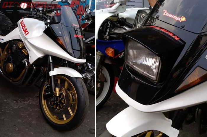 Perbandingan lampu depan Suzuki GSX750 Katana saat terbuka dan tertutup