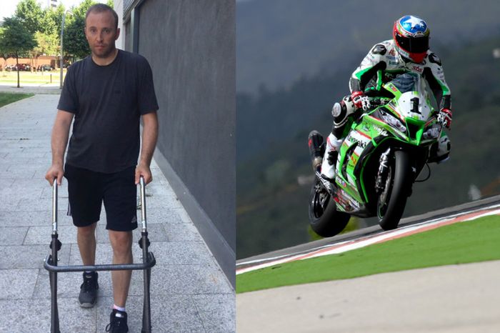 Kenny Noyes (kiri) sedang berlatih berjalan, dan (kanan) saat dia masih membalap di Superbike Spanyol