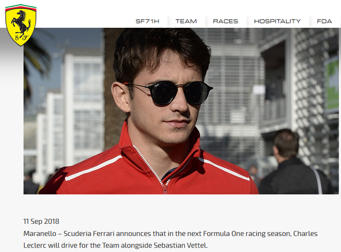 Dalam pernyataan singkat, Ferrari mengumumkan Charles Leclerc sebagai pembalapnya tahun depan