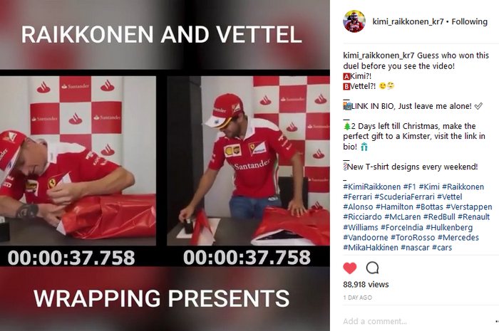 Kimi Raikkonen dan Sebastian Vettel adu cepat bungkus kado Natal