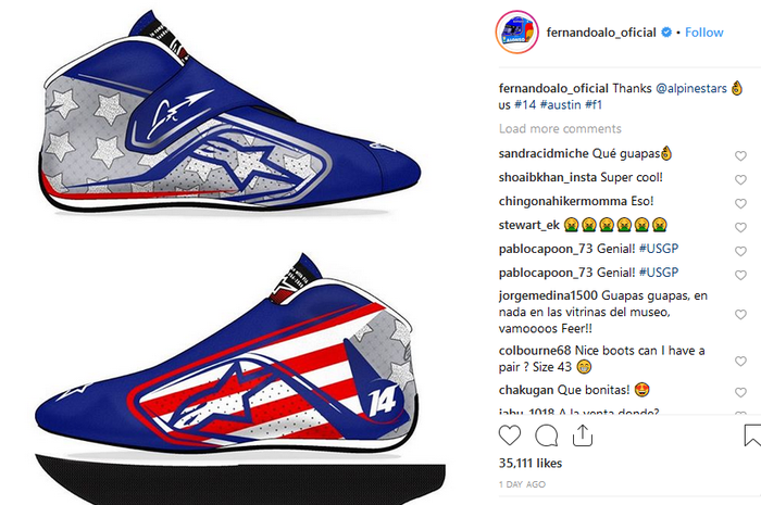 Fernando Alonso membocorkan gambar sepatu balapnya yang akan dipakai di GP F1 Amerika 2018