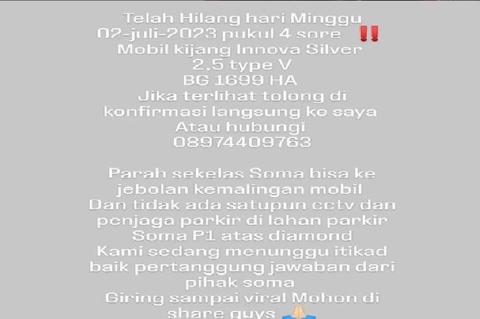Postingan pemilik Toyota Kijang Innova Diesel yang hilang di parkiran Soma City Walk Palembang